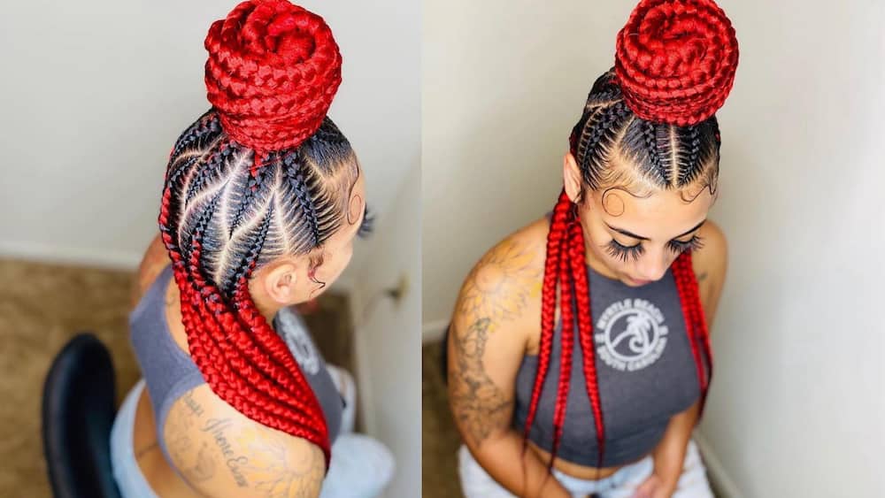 The red half up half down stitched cornrow queen