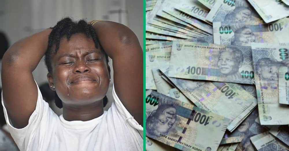Stock photos of a woman crying and South African rands