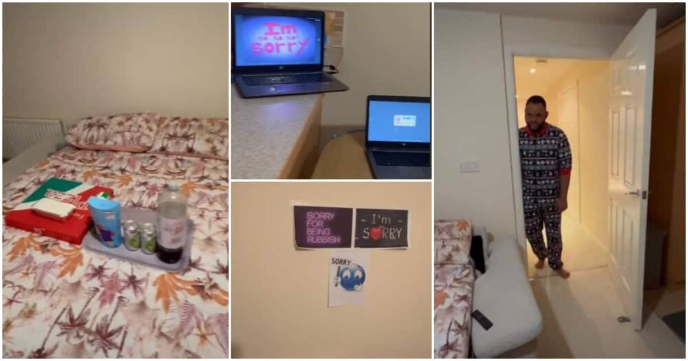 Funny Nigerian couple moment, Nigerian man apologises to wife, 2 laptops, writing on wall
