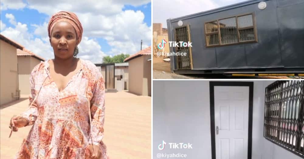 Lady flexes her 1-room container home