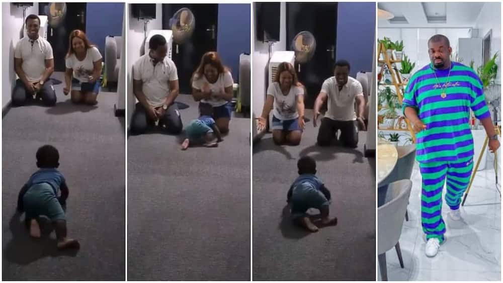 Funny moment baby chooses mum over dad in viral video as he crawls to her, Don Jazzy reacts