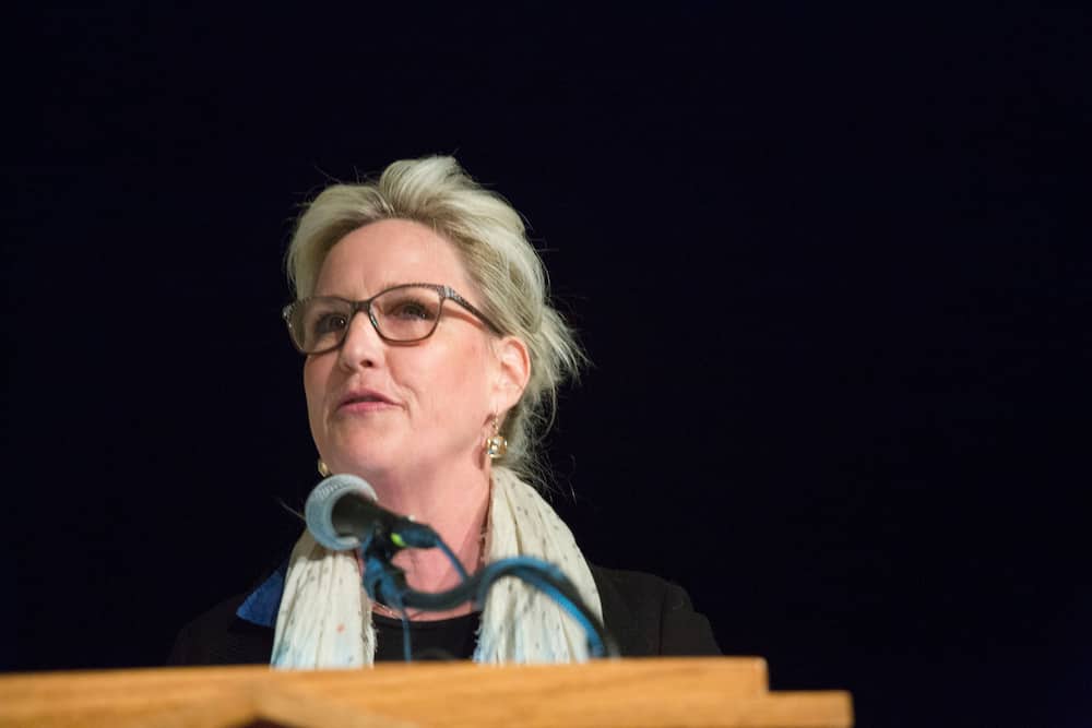 Erin Brockovich speaks during an Oklahoma Earthquake Town Hall Meeting