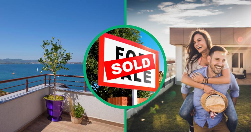 Collage images of a penthouse terrace, sold sign and a couple laughing