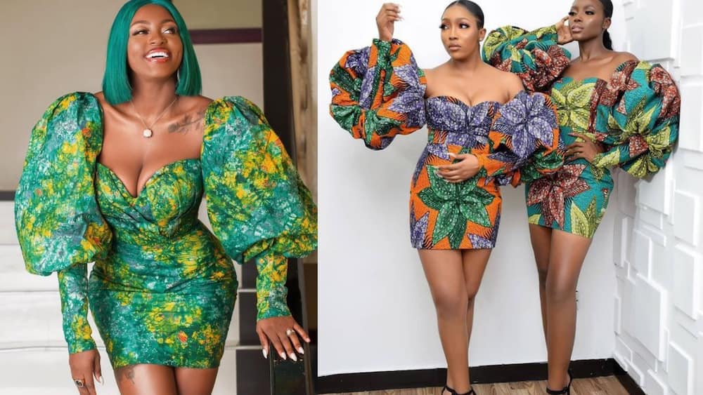 Mini Ankara gown with puffed Julliet sleeves and a plunging neckline
