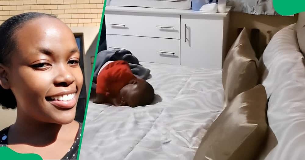 Young mother shares a bedroom with her one-year-old son.