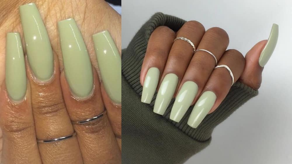 Stylish lime green coffin nails on black skin