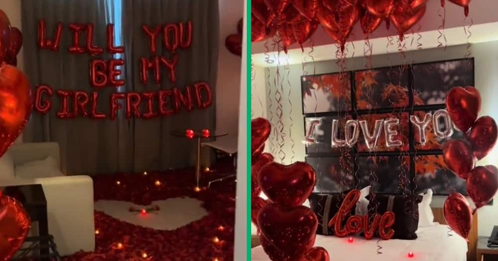 A hotel suite filled with red balloons and rose petals A hotel suite filled with red balloons and rose petals