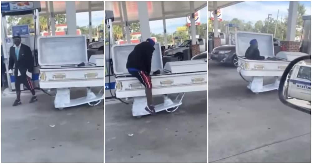 Coffin-themed car, coffin car, filling station, video of man driving coffin