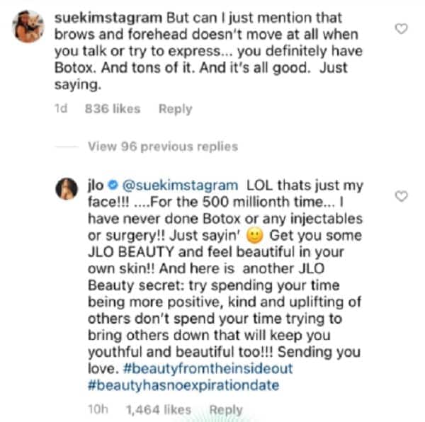 Jennifer Lopez answers fan who accused her of having ‘tons of Botox’