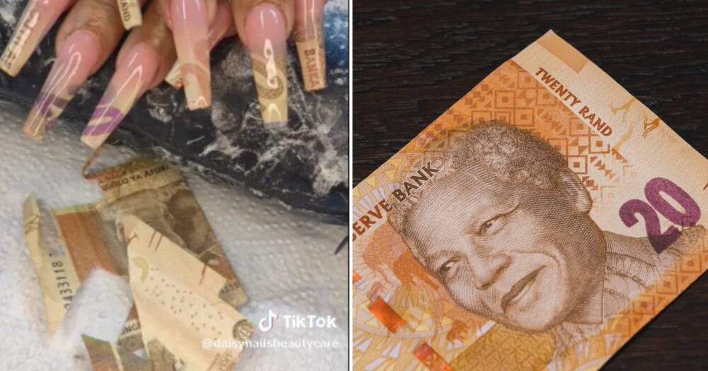 woman tears up R20 to add to acrylic nails.