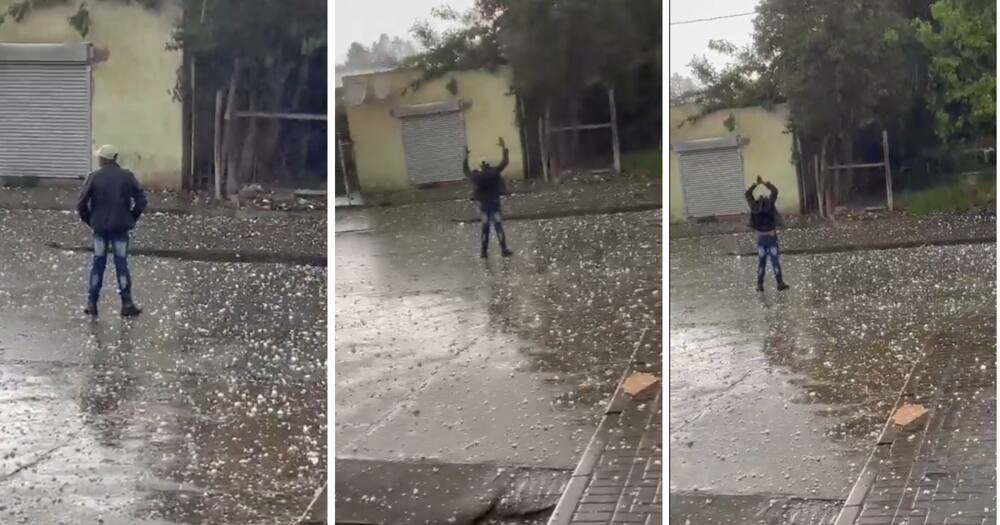 A gent stood in the middle of a massive hailstorm.