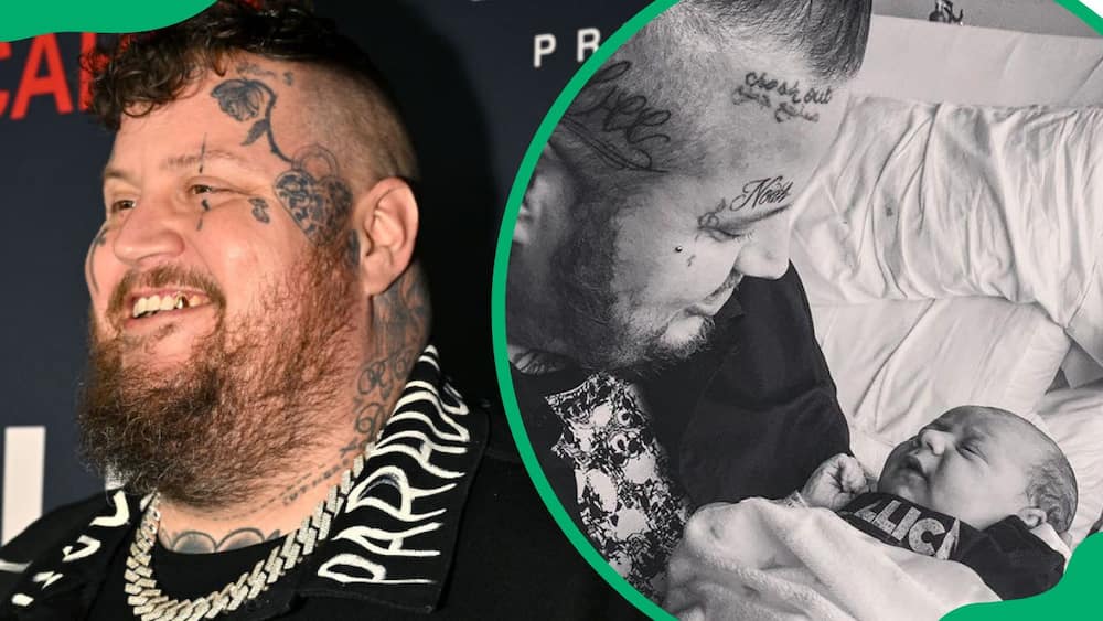 Jelly Roll during the 66th Grammy Awards (L). The singer holding his son, Noah Buddy (R)