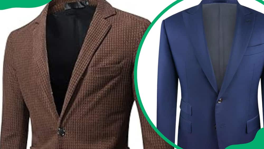 A brown blazer and blue suit jacket