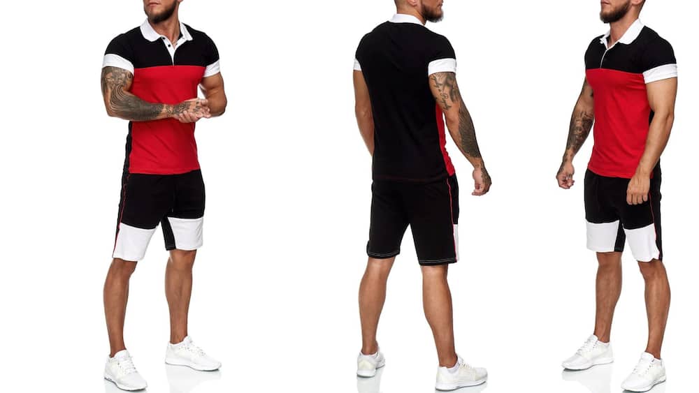 Black, white, and red collared T-shirt and shorts combo