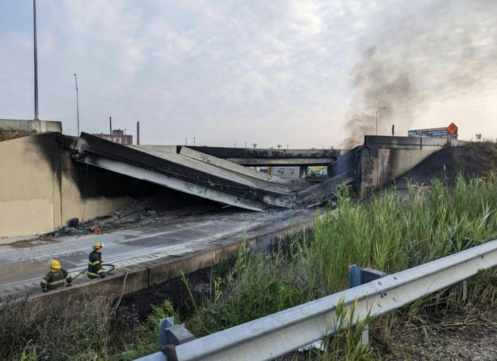 This handout image provided by the Philadelphia Office of Emergency Management on June 11, 2023 shows a portion of a collapsed overpass along Interstate 95, one of the country's busiest roadways