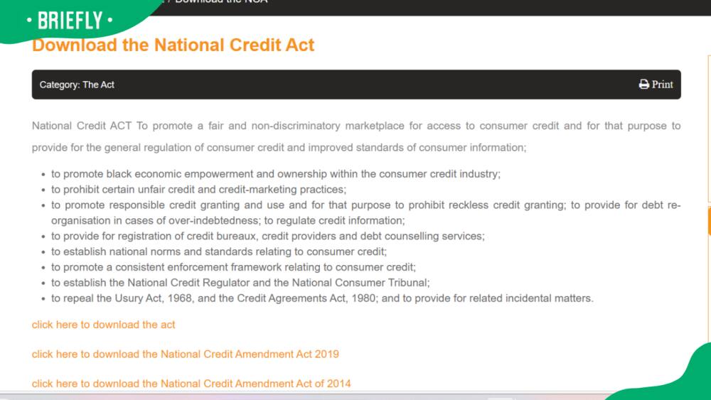 Screenshot of the National Credit Act roles