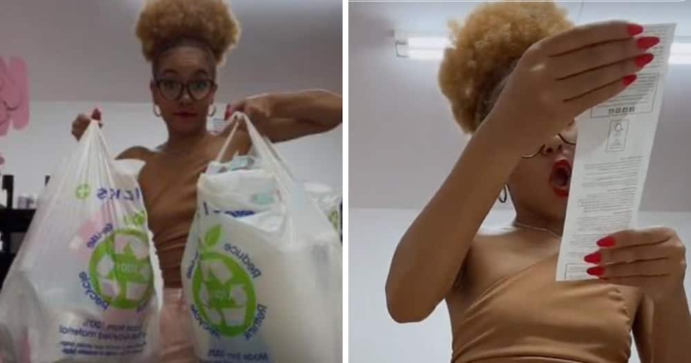 Woman shows how much goods she bought from Clicks.