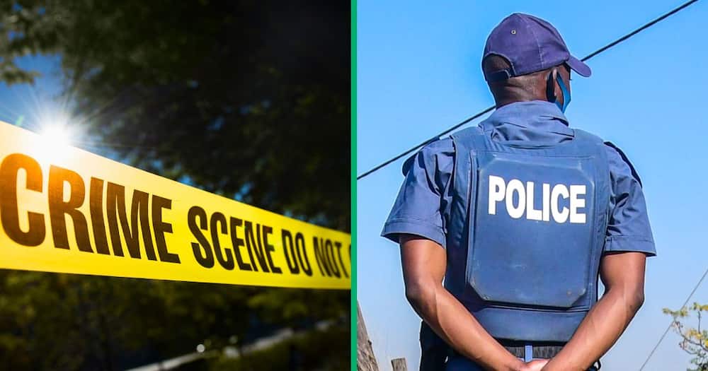 Collage image of police tape and SAPS member