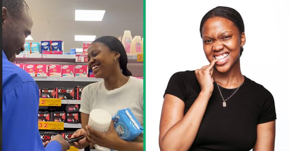 A Clicks employee brought a smile on a woman after he brought her a basket to put her things in.