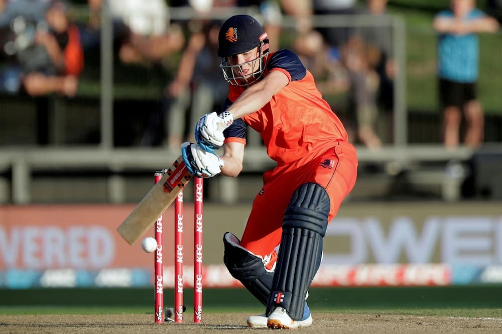 Netherlands' Bas de Leede plays a shot during a one-day international against New Zealand in Hamilton on April 2, 2022.