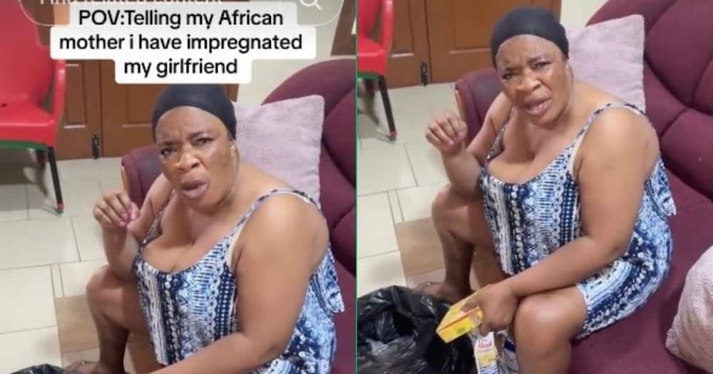A TikTok video shows a Ghanaian mother who got pranked by her son saying his girlfriend was pregnant.