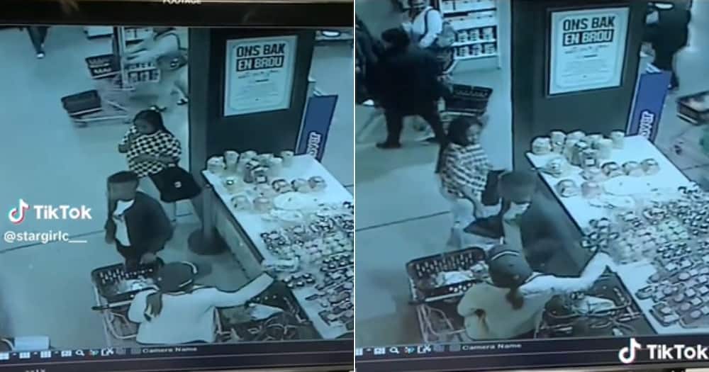 CCTV footage on TikTok shows a Food Lover's Market in Stellenbosch where three thieves worked together