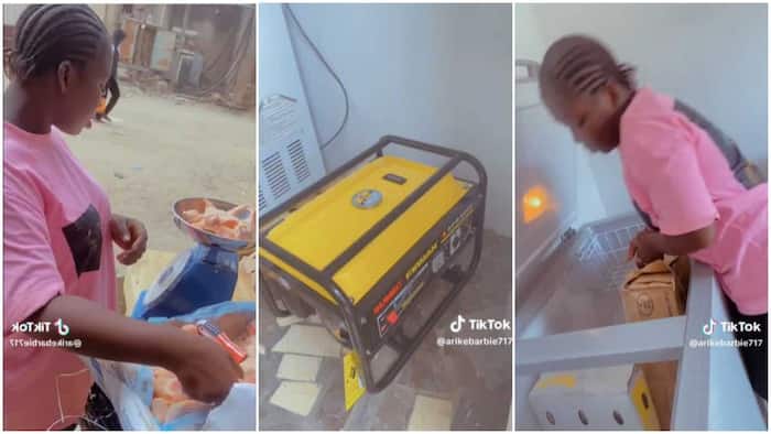 Hardworking lady sets up her frozen fish and chicken business, buys new gen & deep freezer in video