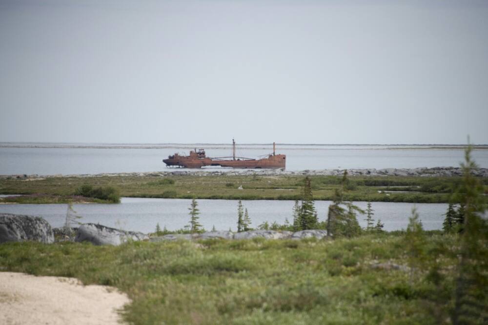 Rusty cargoship wreckage lies in the shallow waters of the Hudson Bay