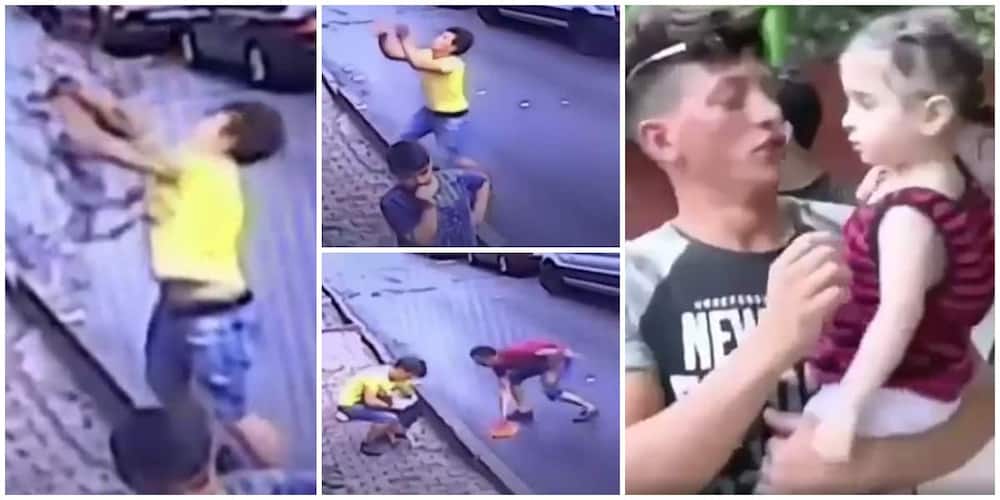 Reactions as 17-year-old boy saves kid from falling from building in incredible video
