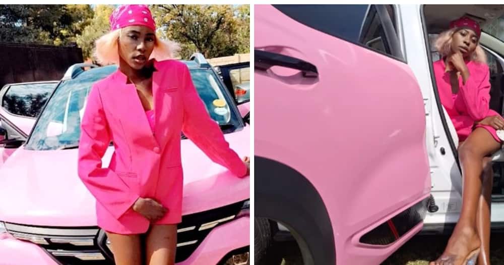 Young woman trends for pink Renault Kiger.