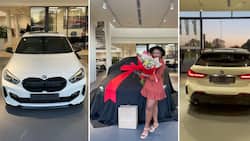 Stunner bags hot BMW hatchback and celebrates it in style, Mzansi congratulates fresh Beamer girl