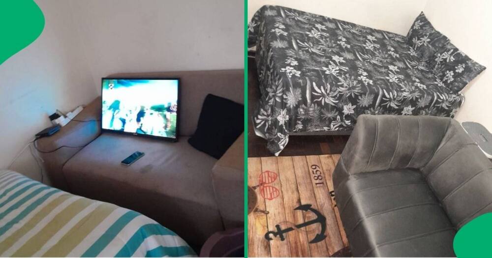 Woman shows before and after pictures of her sleeping area consisting of a bed and couch.