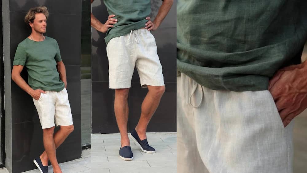 Loose-fitting linen beige shorts with a green short-sleeved T-shirt