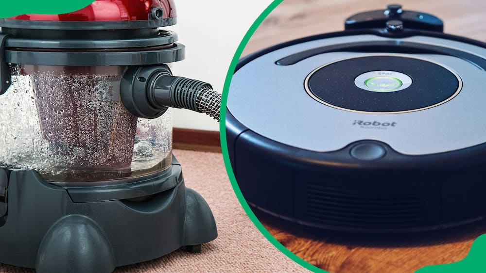 A black and red vacuum cleaner and a robot cleaner