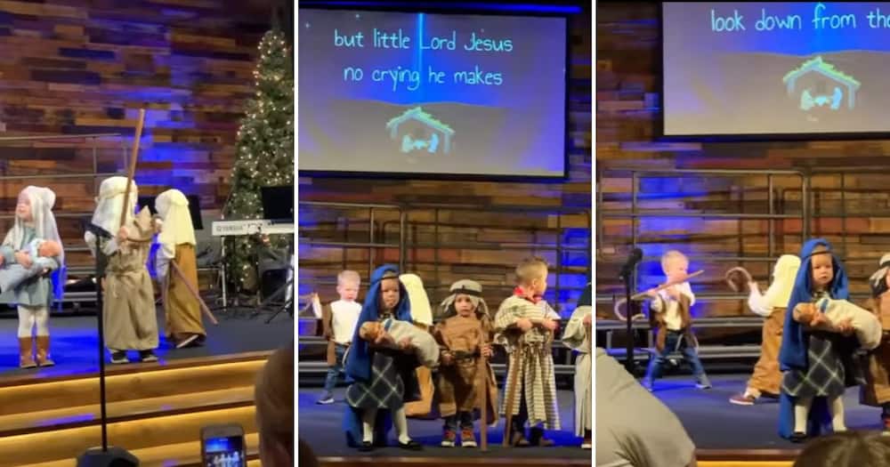 Boy tries to start stick fight during church play