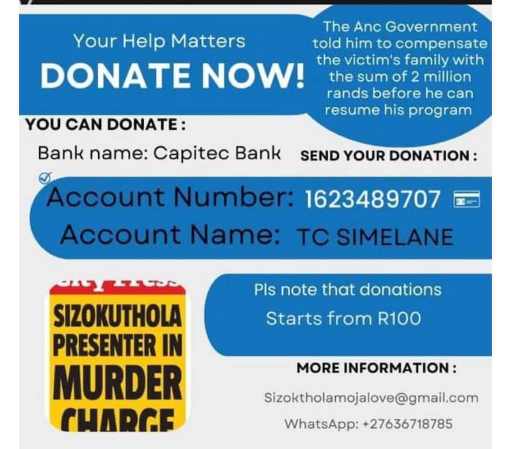 Poster 2 of the 'Sizokthola' fundraising scam alert issued by Moja Love. The scammer asked for R2M in legal fees for host Xolani Khumalo.