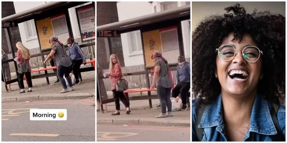 Oyinbo lady takes off as woman breaks into weird dance moves while waiting for a bus, video stirs reactions
