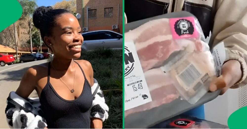 A University of Johannesburg student shows all the meat she bought for R240.