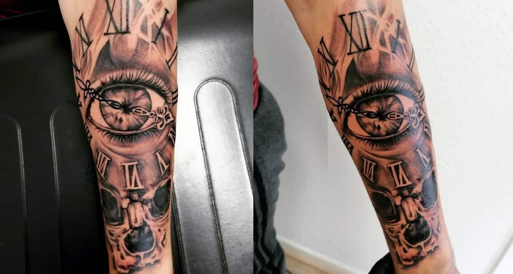 Eye, skull and clock tattoo