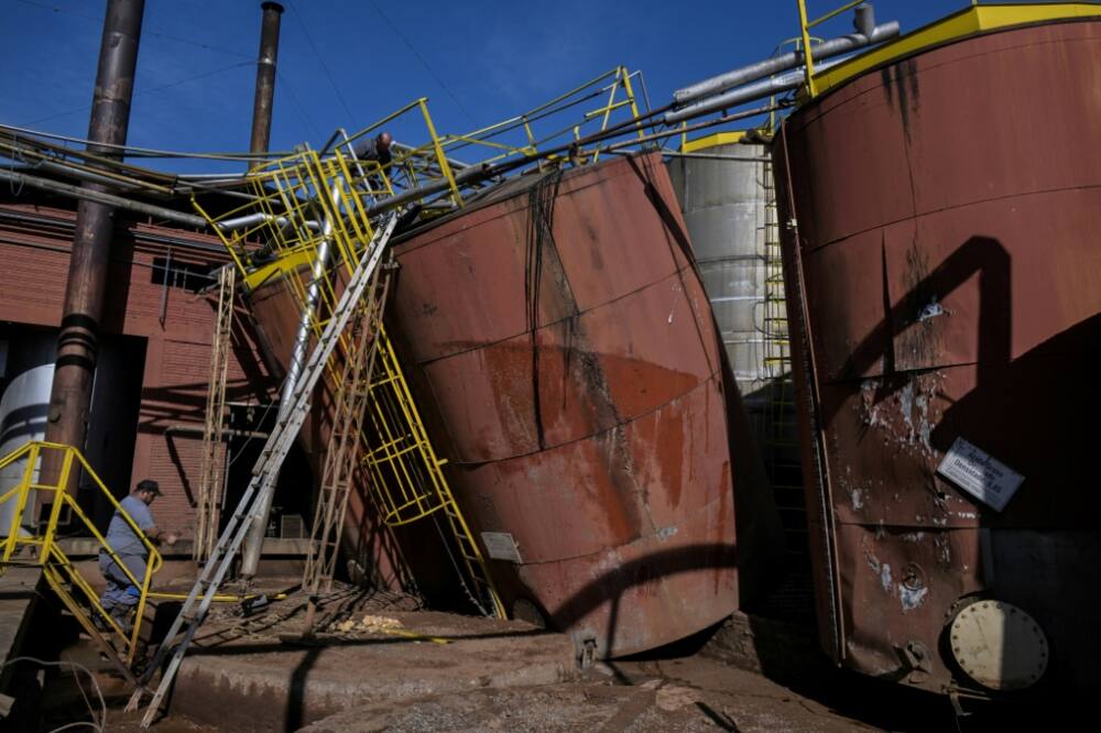 View of chemical tanks damaged after flooding at an industrial plant in Encantado, Rio Grande do Sul, Brazil, on May 22, 2024