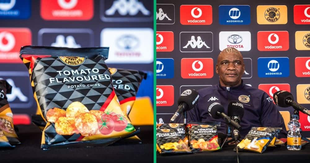 Kaizer Chiefs launched a new snack range, and coach Molefi Ntseki posed with them