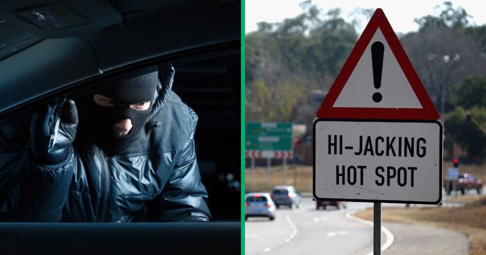 Collage picture of a man dressed in black and a hijacking hotspot sign