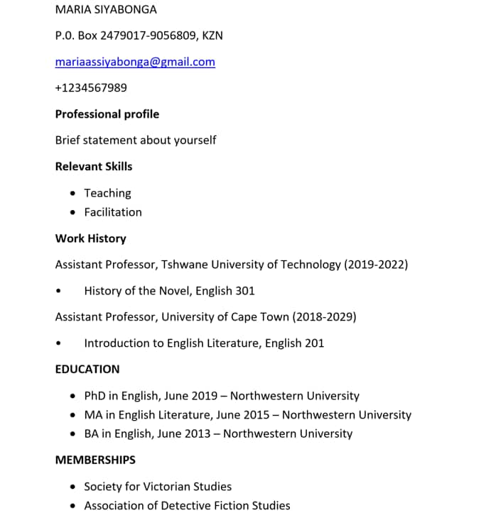 Examples Of Cv Format In South Africa