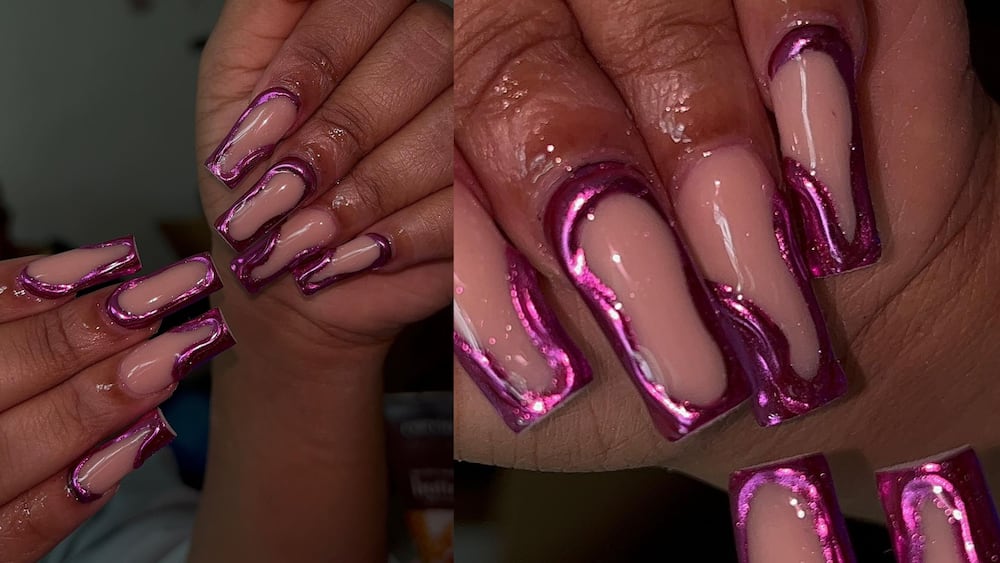 Clear with shiny pink 3-D pattern nails