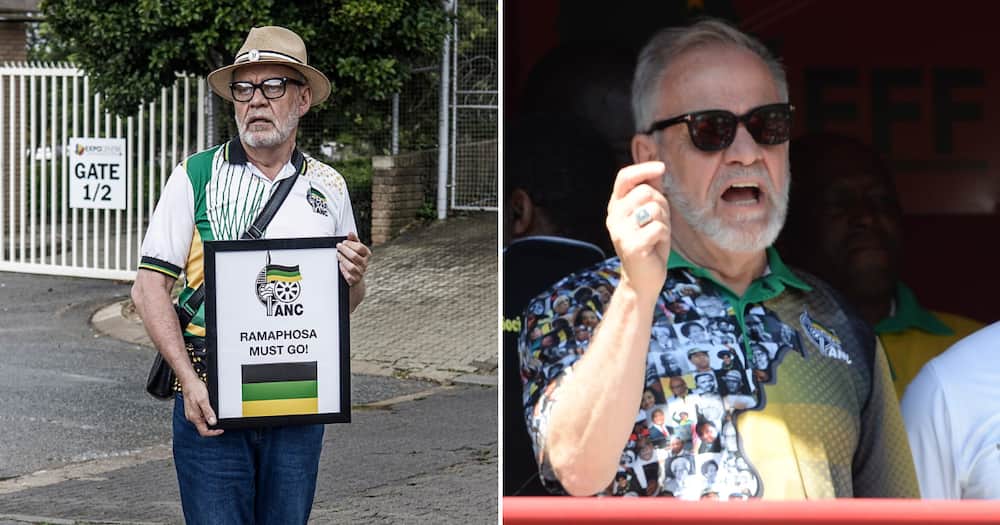 Carl Niehaus (63), veteran member of the African National Congress (ANC) poses as he expresses his views on South African President Cyril Ramaphosa outside the NASREC Centre