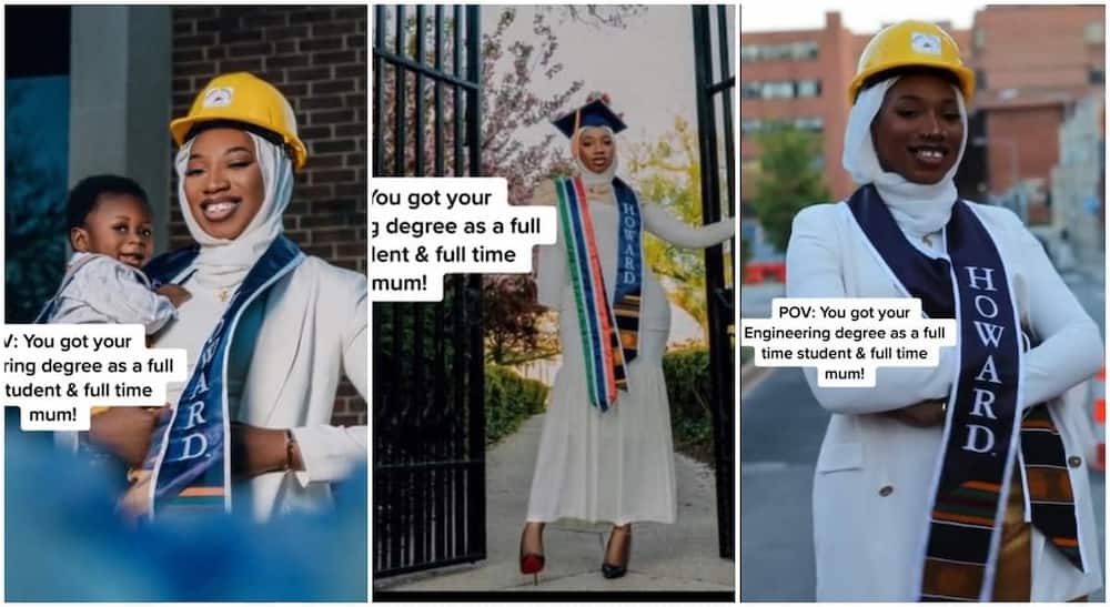Photos of black nursing mum with her kid as she graduates from Howard University with engineering degree.