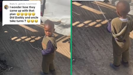 Uncle ties kid to himself while babysitting nephew in TikTok video, SA amused: "He's mad as hell"