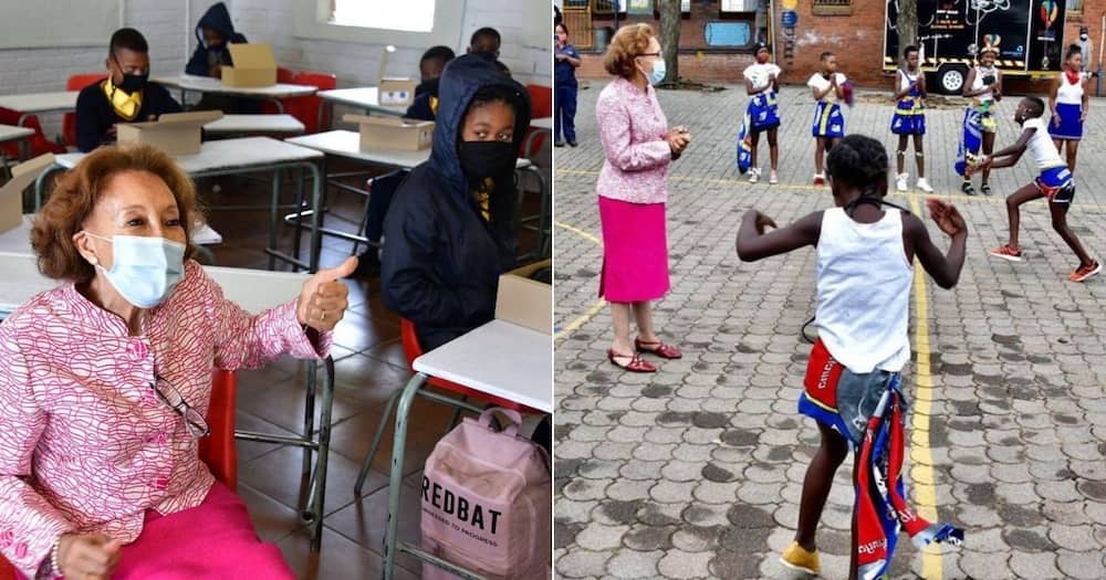 South Africa's 1st Lady, Dr. Tshepo Motsepe visits Kasi school to hand over shoes. Image: Facebook.