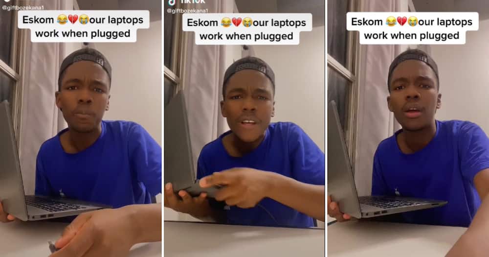 TikTok user Gift Kelton Bozekana telling Eskom that his laptop does not work during loadshedding