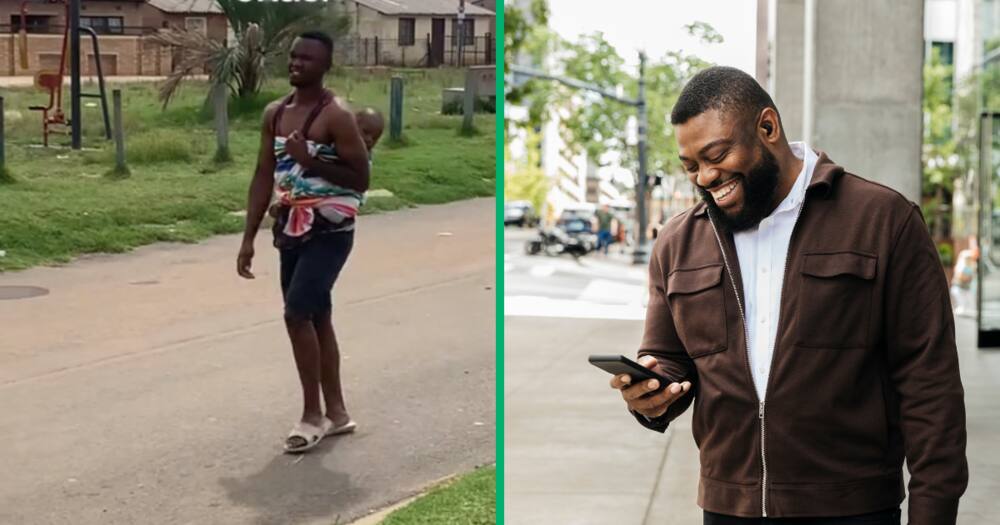A man made Mzansi laugh and gush after he walked down the street carrying a baby on his back.